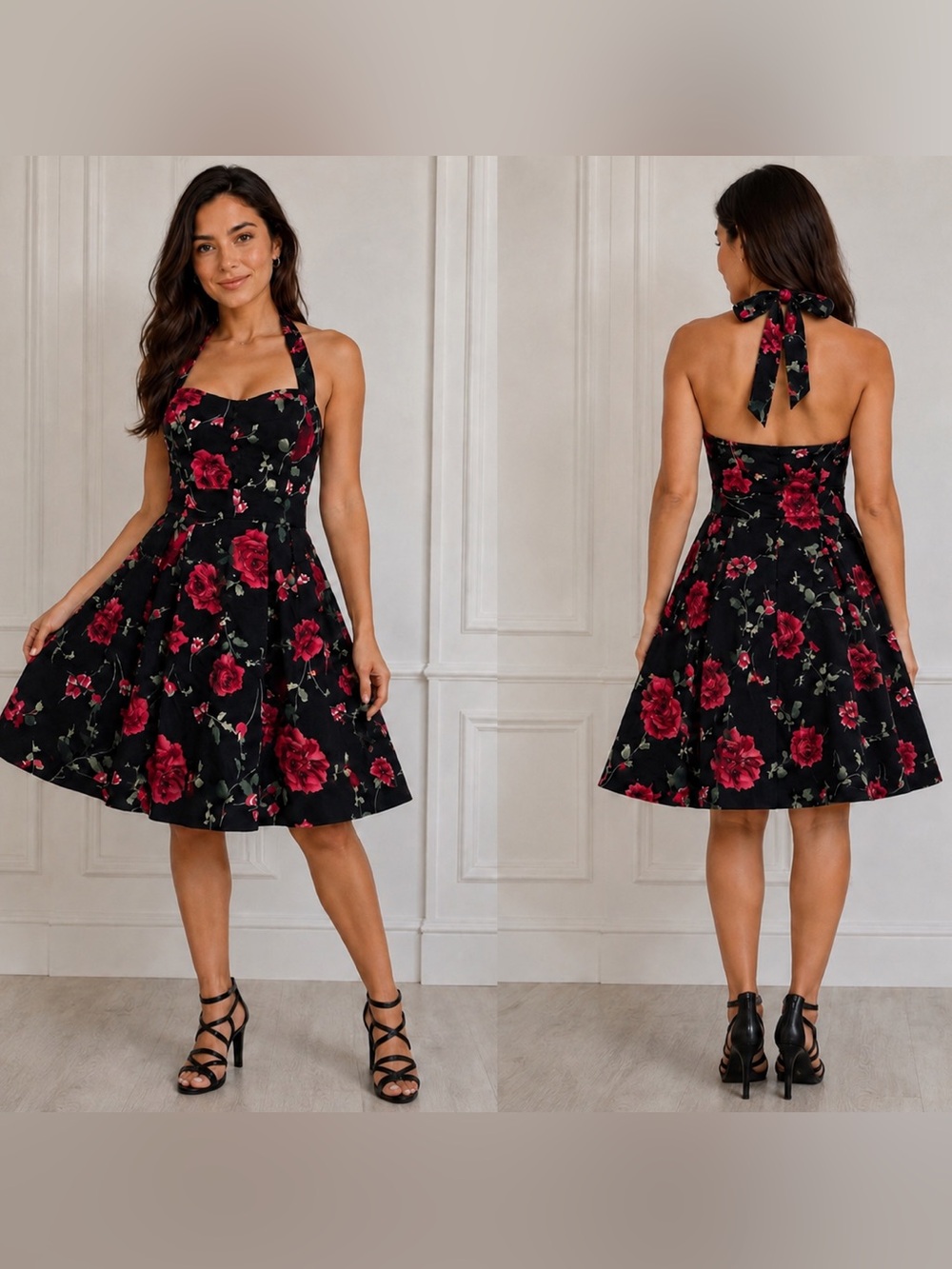 Forever 21 Tropical Retro Floral Halter Dress Black Red Roses - NWOT")